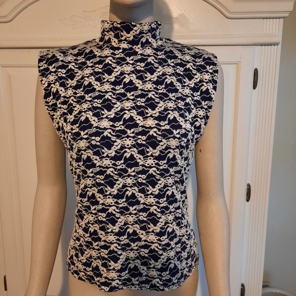 NICOLA navy and white eyelet lace top, size small